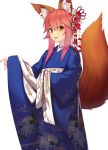  1girl 9saki absurdres animal_ear_fluff animal_ears brown_eyes check_commentary commentary_request fate/extra fate_(series) floral_print fox_ears fox_tail hair_between_eyes hair_ornament highres japanese_clothes kimono obi pink_hair sash sidelocks sleeves_past_wrists solo tail tamamo_(fate)_(all) tamamo_no_mae_(fate) white_background 