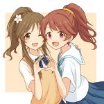 2girls blue_bow blue_skirt bow brown_hair character_request commentary_request eyebrows_visible_through_hair flower hair_flower hair_ornament hair_scrunchie happy idolmaster idolmaster_cinderella_girls mugi_(banban53) multiple_girls one_eye_closed open_mouth ponytail scrunchie shirt short_sleeves skirt takamori_aiko white_flower white_shirt yellow_scrunchie