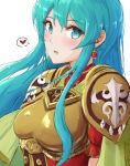  1girl aqua_hair armor blue_eyes blush breastplate cape earrings eirika eyebrows_visible_through_hair fire_emblem fire_emblem:_seima_no_kouseki fire_emblem_heroes hair_between_eyes heart intelligent_systems ippers jewelry long_hair looking_at_viewer nintendo open_mouth parted_lips shoulder_armor sidelocks 