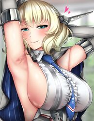  1girl armpits arms_up bangs blonde_hair blue_eyes blue_neckwear blush breasts capelet colorado_(kantai_collection) dress elbow_gloves eyebrows_visible_through_hair garrison_cap gloves grey_dress half-closed_eyes hat headgear heart highres kantai_collection large_breasts looking_at_viewer necktie obei_teitoku short_hair side_braids sideboob sidelocks solo underwear 