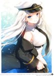  1girl absurdres azur_lane bare_shoulders belt black_coat black_neckwear black_skirt blurry breasts closed_mouth coat collared_shirt depth_of_field enterprise_(azur_lane) floating_hair hat highres large_breasts light_particles long_hair long_sleeves looking_at_viewer military_hat miniskirt motion_blur necktie off_shoulder open_clothes open_coat peaked_cap pleated_skirt scan shirt skirt sleeveless sleeveless_shirt smile solo standing toosaka_asagi upper_body very_long_hair violet_eyes white_hair white_headwear white_shirt wide_sleeves wing_collar 