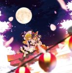  2girls ahoge apron ascot bangs blonde_hair blurry_foreground boots bottle bow braid brown_hair closed_eyes commentary_request detached_sleeves frilled_bow frills full_moon hair_bow hair_tubes hakurei_reimu hat highres kirisame_marisa lantern long_hair moon multiple_girls neck_ribbon night nontraditional_miko paper_lantern petals poprication puffy_short_sleeves puffy_sleeves red_bow ribbon ribbon-trimmed_sleeves ribbon_trim sake_bottle shirt short_sleeves torii touhou tree vest waist_apron white_shirt wide_sleeves witch_hat yellow_eyes 