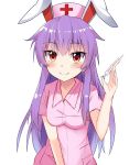  1girl alternate_costume animal_ears bangs blush breasts commentary_request dress e.o. eyebrows_visible_through_hair hand_up hat highres holding holding_syringe long_hair looking_at_viewer medium_breasts nurse_cap pink_dress purple_hair rabbit_ears red_cross red_eyes reisen_udongein_inaba short_sleeves sidelocks simple_background smile solo syringe touhou upper_body very_long_hair white_background 