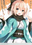  ! 1girl :d absurdres ahoge arm_guards bangs black_scarf blonde_hair bow eyebrows_visible_through_hair fate_(series) hair_between_eyes hair_bow half_updo hands_up haori highres holding japanese_clothes kimono koha-ace looking_at_viewer obi okita_souji_(fate) okita_souji_(fate)_(all) open_mouth ponytail sash scan scarf short_hair sidelocks smile solo toosaka_asagi upper_body v-shaped_eyebrows white_kimono yellow_eyes 