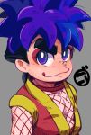  1boy blue_eyes blue_hair bodysuit bright_pupils facepaint fishnet_armwear fishnet_bodysuit fishnets ganbare_goemon goemon grey_background japanese_clothes kanji kojima makeup ninja portrait smile solo spiky_hair stamp thick_eyebrows white_pupils 