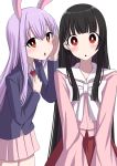  2girls animal_ears arm_up bangs black_hair blazer blouse blunt_bangs blush bow bowtie commentary_request cowboy_shot eyebrows_visible_through_hair hair_between_eyes hand_on_own_chest hand_on_own_face head_tilt highres hime_cut houraisan_kaguya jacket lavender_hair lavender_skirt long_hair long_sleeves looking_at_viewer miniskirt multiple_girls necktie pink_blouse pleated_skirt rabbit_ears red_eyes red_neckwear red_skirt reisen_udongein_inaba shirt sidelocks simple_background skirt standing touhou triangle_mouth tsukimirin v_arms very_long_hair white_background white_neckwear white_shirt wide-eyed wing_collar 