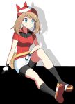  1girl bike_shorts black_background black_legwear black_shorts blue_eyes brown_hair collared_jacket full_body gloves haruka_(pokemon) highres jacket long_hair looking_to_the_side miniskirt pokemon pokemon_(game) pokemon_rse red_bandana red_jacket shiny shiny_hair short_shorts short_sleeves shorts shorts_under_skirt sitting skirt smile solo two-tone_background white_background white_skirt wing_collar yuihiko 