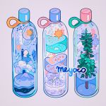  bottle clouds constellation crescent_moon floating grey_background liquid meyoco moon mountain no_humans original partially_submerged plant seashell shell simple_background skull snowman sparkle star transparent tree 