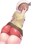  1girl ass atelier_(series) atelier_ryza belt brown_eyes brown_hair gloves hair_ornament hairclip hat highres jewelry looking_at_viewer necklace red_shorts reisalin_stout round-bottom_flask short_shorts shorts sikijou77o simple_background solo star thigh-highs thighs white_background 