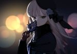  1girl bangs black_headwear blurry blurry_background brown_gloves fate/grand_order fate_(series) floating_hair flower gloves green_eyes grey_flower hair_flower hair_ornament hat holding holding_mask long_hair looking_at_viewer mask parted_lips pisu reines_el-melloi_archisorte silver_hair solo upper_body very_long_hair 
