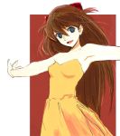  1girl :d armpits bangs bare_arms bare_shoulders blue_eyes breasts brown_hair collarbone dress hair_between_eyes hair_ornament hirodo long_hair looking_at_viewer neon_genesis_evangelion open_mouth outstretched_arms sleeveless sleeveless_dress smile solo souryuu_asuka_langley strapless strapless_dress two_side_up yellow_dress 