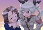  2girls absurdres anchovy arm_around_shoulder bangs belt black_neckwear black_ribbon black_shirt blue_jacket breasts brown_eyes brown_hair clenched_hands closed_eyes clouds cloudy_sky commentary_request daxz240r dress_shirt drill_hair eyebrows_visible_through_hair girls_und_panzer gradient_sky green_hair grey_jacket hair_ribbon highres jacket long_hair long_sleeves looking_at_another medium_breasts military military_uniform multiple_girls necktie ooarai_military_uniform open_mouth orange_sky outdoors parted_bangs ribbon sam_browne_belt sawa_azusa shirt short_hair sky smile sunset twin_drills twintails uniform wing_collar 