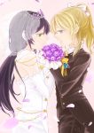  ayase_eli b_k blonde_hair blue_eyes bouquet bow bridal_veil crossdressinging dress elbow_gloves flower gloves green_eyes groom high_ponytail highres holding holding_bouquet looking_at_another love_live! love_live!_school_idol_project ponytail profile purple_hair tiara toujou_nozomi veil wedding wedding_dress wife_and_wife yuri 