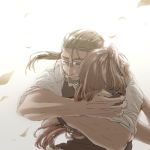  1boy 1girl beard beige_background blonde_hair brown_hair closed_eyes couple dress_shirt eyelashes facial_hair facing_away fingernails floating floating_hair from_behind fullmetal_alchemist glasses gradient gradient_background grey_background hands_on_another&#039;s_back happy hetero hug kachohuugetsu leaf long_hair ponytail profile shirt simple_background sleeves_rolled_up smile teeth tied_hair trisha_elric upper_body van_hohenheim white_background white_shirt wind wind_lift 