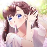  1girl blush braid braiding_hair brown_hair day hair_tie hairdressing hands_up hitsuji_kumo long_hair looking_at_viewer mouth_hold nail_polish original outdoors pink_nails solo twitter_username upper_body 