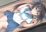  1girl bangs blue_eyes blue_neckwear blue_ribbon blue_sailor_collar blue_skirt blush breasts brown_hair collarbone commentary_request dutch_angle eyebrows_visible_through_hair hair_between_eyes hair_ribbon large_breasts long_hair looking_at_viewer lying on_back original parted_lips pleated_skirt ribbon sailor_collar satsuki_mocchi school_uniform serafuku shirt skirt solo twintails very_long_hair white_shirt 