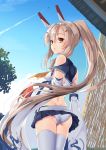  aircraft airplane ass ayanami_(azur_lane) azur_lane bangs bare_shoulders belt blonde_hair blue_skirt clouds cloudy_sky commentary_request cowboy_shot detached_sleeves eyebrows_visible_through_hair food fruit hair_between_eyes headgear highres holding holding_food inu3 long_hair long_sleeves looking_at_viewer looking_back neckerchief open_mouth orange_eyes outdoors panties pantyshot ponytail remodel_(azur_lane) sailor_collar shirt sidelocks skirt sky thigh-highs underwear very_long_hair watermelon white_belt white_legwear white_panties white_shirt yellow_neckwear 