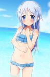  1girl bikini blue_eyes blue_hair blush commentary frilled_bikini frills gochuumon_wa_usagi_desu_ka? hair_ornament highres kafuu_chino kimura_matsuri looking_at_viewer lowleg lowleg_bikini navel ocean outdoors sky solo swimsuit wading water wet wet_hair x_hair_ornament 