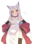  1girl :3 absurdres animal_ear_fluff animal_ears bare_shoulders black_choker black_hair black_legwear character_name choker cloba collarbone commentary_request covered_navel dress elbow_gloves fox_ears fox_tail gloves hands_on_hips highres long_hair looking_at_viewer red_eyes sewayaki_kitsune_no_senko-san shawl shiro_(sewayaki_kitsune_no_senko-san) side_slit signature simple_background smile smug solo strapless strapless_dress tail thigh-highs whisker_markings white_background white_dress white_hair 