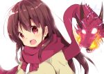  :d achiga_school_uniform bow bowtie brown_hair brown_sweater commentary dragon electricity eyebrows_visible_through_hair fading fire hair_bobbles hair_ornament leaning_forward light_blush long_hair matsumi_kuro open_mouth red_eyes red_neckwear red_scarf saki saki_achiga-hen scarf school_uniform simple_background smile sweater tom_q_(tomtoq) white_background 