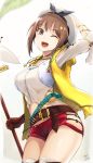  1girl ;d arm_up artist_name atelier_(series) atelier_ryza belt beret black_panties blurry bracelet breasts brown_eyes brown_gloves brown_hair collarbone commentary_request cowboy_shot cross flask gloves hair_ornament hairclip hat highres hip_vent holding holding_staff hood hood_down hooded_vest jewelry leaf looking_at_viewer medium_breasts midriff necklace one_eye_closed open_mouth panties red_shorts reisalin_stout shirt short_hair short_shorts shorts smile solo staff standing star tea_(nakenashi) test_tube thigh-highs thighs underwear vest white_background white_headwear white_shirt yellow_vest 