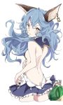 1girl animal_ears bare_back blue_hair blush breasts closed_mouth ferry_(granblue_fantasy) from_behind granblue_fantasy ixy long_hair looking_at_viewer looking_back sideboob simple_background small_breasts solo wavy_mouth white_background yellow_eyes 
