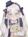  1girl bangs blush dress facial_mark girls_frontline green_eyes hat hk416_(girls_frontline) long_hair looking_at_viewer nlitz silver_hair simple_background solo stuffed_animal stuffed_toy teddy_bear white_background 