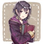  1girl black_hair book character_name fire_emblem fire_emblem:_kakusei haru_(nakajou-28) holding holding_book hood hood_down long_sleeves mark_(female)_(fire_emblem) mark_(fire_emblem) open_mouth short_hair solo upper_body violet_eyes 