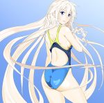  1girl ass asunogear blue_background blue_eyes blue_swimsuit competition_swimsuit cowboy_shot floating_hair from_behind gradient gradient_background hair_between_eyes ia_(vocaloid) long_hair looking_at_viewer looking_back one-piece_swimsuit open_mouth shiny_swimsuit shoulder_blades silver_hair solo standing swimsuit very_long_hair vocaloid 