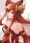  1girl animal_ears anthuria bare_shoulders closed_mouth commentary_request detached_sleeves erune eyebrows_visible_through_hair from_behind granblue_fantasy hair_ornament highres koretsuki_azuma long_hair looking_at_viewer looking_back red_eyes redhead smile solo upper_body 