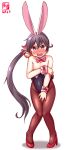  1girl akebono_(kantai_collection) animal_ears bell blush bunny_girl bunnysuit eyebrows_visible_through_hair fake_animal_ears flower full_body hair_bell hair_between_eyes hair_flower hair_ornament highres kanon_(kurogane_knights) kantai_collection long_hair looking_at_viewer open_mouth purple_hair rabbit_ears red_footwear shoes side_ponytail solo very_long_hair violet_eyes 