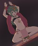  1girl alternate_costume chiki choker fire_emblem fire_emblem:_mystery_of_the_emblem full_body green_eyes green_hair highres long_hair mageddon mamkute o-ring o-ring_top open_mouth pointy_ears ponytail simple_background solo spread_legs squatting tiara 