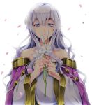  bare_shoulders closed_mouth diadora_(fire_emblem) dress fire_emblem fire_emblem:_seisen_no_keifu flower holding holding_flower long_hair long_sleeves petals purple_hair shimizu_ren simple_background strapless upper_body violet_eyes white_background 