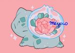  artist_name bulbasaur closed_eyes flower from_behind gen_1_pokemon looking_back meyoco no_humans pink_background pink_flower pokemon pokemon_(creature) simple_background sparkle transparent 