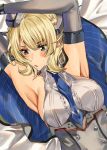  1girl amakaze armpits arms_up bed_sheet between_breasts blonde_hair blue_eyes blue_neckwear blush braid breasts cape colorado_(kantai_collection) corset dress elbow_gloves french_braid gloves grey_dress grey_gloves grey_headwear highres kantai_collection looking_to_the_side lying medium_breasts necktie necktie_between_breasts on_back on_bed open_mouth short_hair sideboob solo 