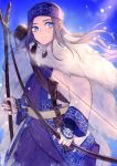  1girl ainu_clothes asirpa blue_eyes blue_sky bow_(weapon) day floating_hair golden_kamuy grin highres holding holding_bow_(weapon) holding_staff holding_weapon long_hair long_sleeves looking_at_viewer outdoors silver_hair sky smile solo sou_230 staff standing weapon 
