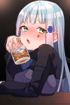  1girl alcohol bangs blush commentary_request cup facial_mark girls_frontline girusyu1945 green_eyes highres hk416_(girls_frontline) holding holding_cup ice jacket long_hair long_sleeves looking_at_viewer open_mouth silver_hair solo upper_body whiskey 