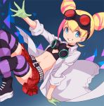  1girl ame8desu bikini_top blonde_hair crossed_legs double_bun flat_chest gloves goggles labcoat lucia_fex multicolored_hair promare sharp_teeth striped striped_legwear teeth two-tone_hair 