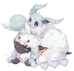  blue_eyes eevee fang gen_8_pokemon heart hideko_(l33l3b) highres horns no_humans open_mouth plaid pokemon pokemon_(creature) pokemon_(game) pokemon_swsh sheep simple_background white_background wooloo yellow_eyes 