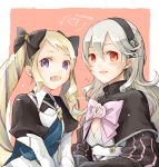  2girls armor blonde_hair blue_cape breasts cape cosplay costume_switch dragon_girl drill_hair elf elise_(fire_emblem_if) elise_(fire_emblem_if)_(cosplay) female_my_unit_(fire_emblem_if) fire_emblem fire_emblem_heroes fire_emblem_if gloves hair_between_eyes hair_ornament hairband human intelligent_systems kamui_(fire_emblem) loli long_hair mamkute multiple_girls my_unit my_unit_(cosplay) my_unit_(fire_emblem_if) nintendo pointy_ears red_eyes robaco siblings silver_hair simple_background sisters teenage twin_drills twintails white_background white_hair yellow_eyes 