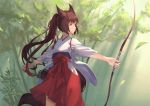  1girl animal_ears archery arrow bamboo bamboo_forest bangs blunt_bangs bow_(weapon) brown_eyes brown_hair cowboy_shot forest fox_ears fox_tail frown hakama japanese_clothes kyuudou leaf long_hair looking_to_the_side nature original outdoors peroncho ponytail profile quiver serious solo tail tasuki weapon 