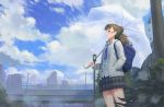  1girl after_rain bangs blue_neckwear blue_shirt blue_sky blush brown_hair bush city cityscape commentary from_side idolmaster idolmaster_cinderella_girls jacket kamiya_nao long_hair miniskirt necktie open_mouth outdoors plaid rain red_eyes scenery school_uniform see-through shirt skirt sky thick_eyebrows umbrella wasabi60 white_jacket 