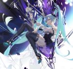  1girl aqua_hair aqua_nails bangs bare_shoulders black_legwear black_skirt closed_mouth commentary_request crystal detached_sleeves hair_between_eyes hatsune_miku high_heels highres long_hair microphone ohisashiburi skirt solo thigh-highs twintails violet_eyes vocaloid 