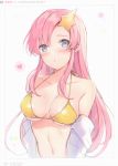  1girl 6u_(eternal_land) absurdres bangs bare_shoulders bikini bikini_top blue_eyes blush breasts collarbone eyebrows_visible_through_hair gundam gundam_seed gundam_seed_destiny highres long_hair looking_at_viewer pink_hair scan shiny shiny_hair shiny_skin simple_background solo swimsuit upper_body yellow_bikini 