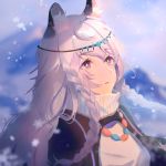  1girl animal_ear_fluff animal_ears arknights bangs blurry blurry_background blush braid bright_pupils brown_eyes circlet commentary_request depth_of_field eyebrows_visible_through_hair hua_ye jewelry long_hair looking_away looking_up necklace parted_lips pramanix_(arknights) snowflakes snowing solo turtleneck twin_braids upper_body very_long_hair 