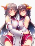  2girls bangs bare_shoulders black_hair blush breast_press breasts brown_eyes commentary_request detached_sleeves dual_persona hair_ornament hairclip haruna_(kantai_collection) headgear highres kantai_collection long_hair looking_at_viewer medium_breasts multiple_girls parted_lips red_skirt remodel_(kantai_collection) ribbon-trimmed_skirt ribbon-trimmed_sleeves ribbon_trim shiny shiny_hair simple_background skirt smile swept_bangs symmetrical_docking tsukui_kachou white_background 