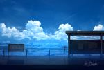  alu.m_(alpcmas) blue_sky blue_theme clouds condensation_trail horizon light_particles no_humans ocean original scenery sign signature sky speaker summer train_station translated water 