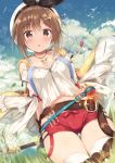  1girl :o arms_behind_back atelier_(series) atelier_ryza bangs bare_shoulders belt belt_buckle beret black_ribbon blue_sky blue_vest blush breasts brown_belt brown_eyes brown_gloves brown_hair buckle clouds cloudy_sky collarbone commentary_request day drawstring dutch_angle eyebrows_visible_through_hair gloves grass hair_between_eyes hair_ornament hairclip hat highres jacket jewelry leather leather_belt leather_gloves long_sleeves navel necklace open_clothes open_jacket outdoors parted_lips puffy_long_sleeves puffy_sleeves red_shorts reisalin_stout ribbon round-bottom_flask shiny shiny_skin shirt short_shorts shorts shoulder_cutout single_glove sky sleeveless_jacket solo thigh-highs thighs tomoo_(tomo) vest vial white_headwear white_legwear white_shirt wind yellow_jacket 