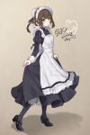 1girl 2019 apron artist_name bangs black_dress black_footwear black_legwear black_ribbon breasts brown_background brown_hair bun_cover character_request commentary_request copyright_request dated dress eyebrows_visible_through_hair frilled_apron frills full_body green_eyes hair_bun hair_ribbon juliet_sleeves long_sleeves looking_at_viewer maid maid_apron maid_day maid_headdress mary_janes medium_breasts pantyhose petticoat pocket puffy_sleeves ribbon shadow shoes short_hair sidelocks signature simple_background skirt_hold solo standing syuri22 white_apron 