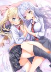  2girls aruka_(alka_p1) ass bangs bed_sheet black_sailor_collar blonde_hair blue_eyes blush braid closed_mouth collared_shirt commentary_request eyebrows_visible_through_hair grey_legwear grey_shirt grey_skirt hair_between_eyes hair_ornament hair_ribbon hair_tie hair_tie_in_mouth hairclip head_tilt highres holding_hands interlocked_fingers long_hair looking_at_viewer lying mouth_hold multiple_girls necktie on_side open_mouth original pillow plaid plaid_neckwear plaid_skirt pleated_skirt red_neckwear red_ribbon ribbon sailor_collar shirt silver_hair skirt smile socks_removed thigh-highs thighhighs_pull twintails very_long_hair wavy_mouth white_legwear x_hair_ornament yellow_eyes yuri 